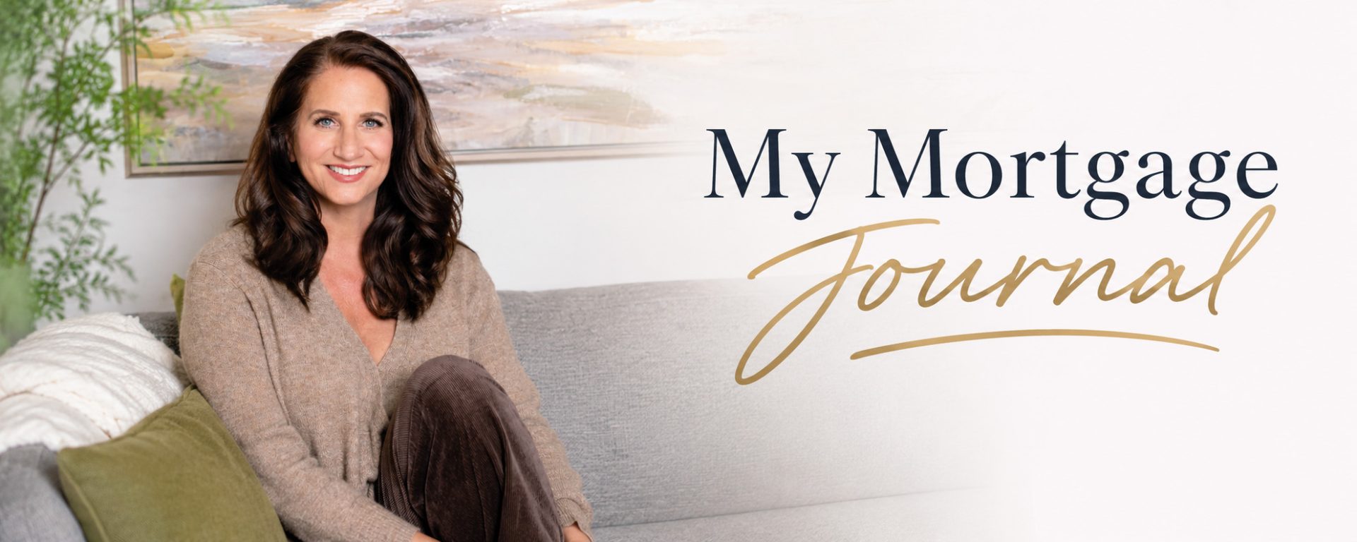 Jacquie sitting on a sofa beside the My Mortgage Journal logo