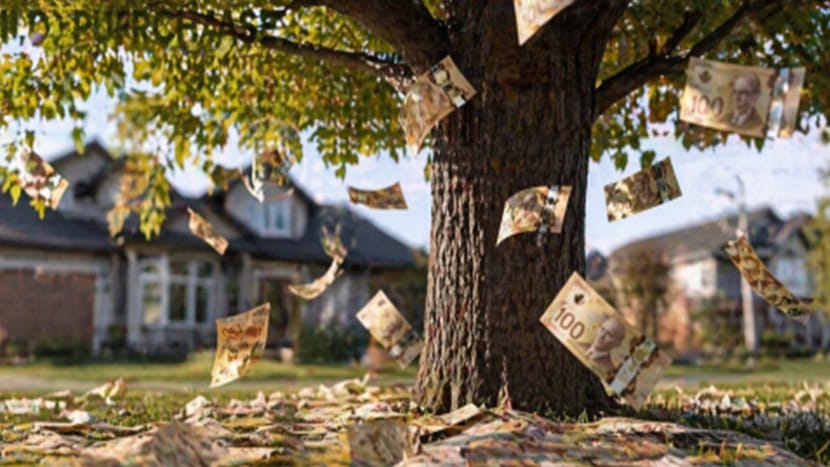 debt and 1 year mortgage strategy. Image shows Canadian $100 bills falling from maple tree outside a large home: