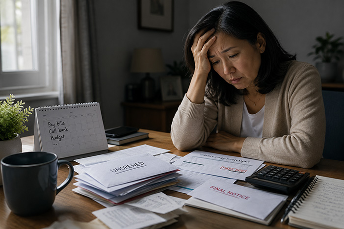 Woman looking stressed while sitting at a table with unpaid bills, bank statements, and a calculator.
