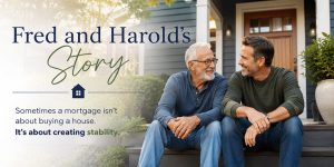 Two men smiling together while sitting on the front steps of a home they purchased together.