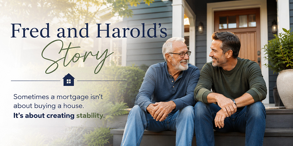 Two men smiling together while sitting on the front steps of a home they purchased together.