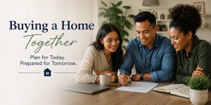 Couple reviewing mortgage paperwork with an advisor at a kitchen table.