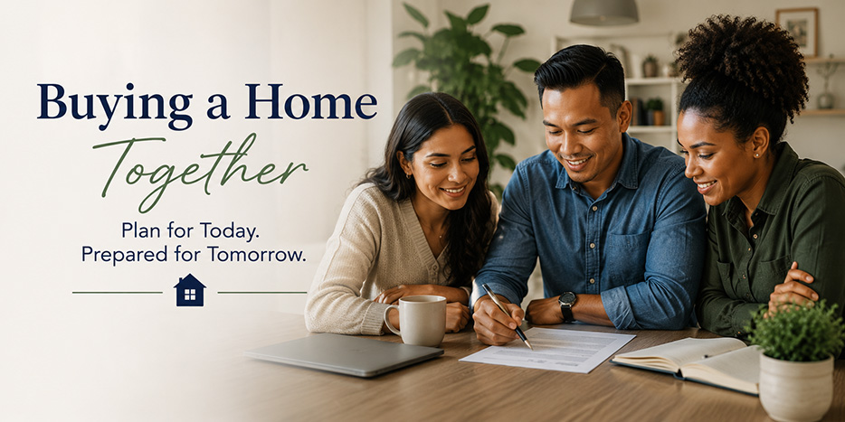 Couple reviewing mortgage paperwork with an advisor at a kitchen table.