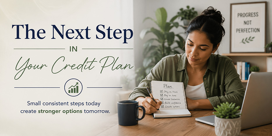 Woman writing a credit plan in a notebook while working at a desk with a laptop nearby.