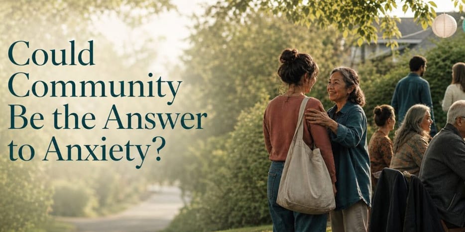 Banner: Could Community be the Answer to Anxiety. Image of community gathering in a backyard engaging with each other.