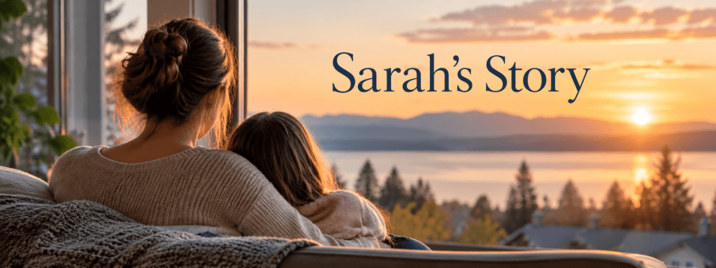 My Mortgage Journal: Story of Sarah. Woman and young daughter looking out over a lake.