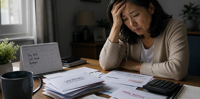Woman looking stressed while sitting at a table with unpaid bills, bank statements, and a calculator.
