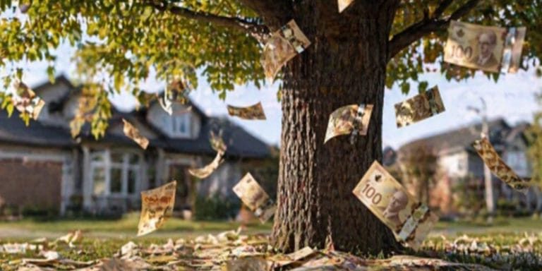 debt and 1 year mortgage strategy. Image shows Canadian $100 bills falling from maple tree outside a large home: